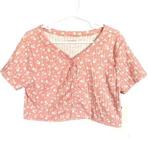 NWT Kensie Girls Floral Ribbed Button Up Short Sleeve Blouse